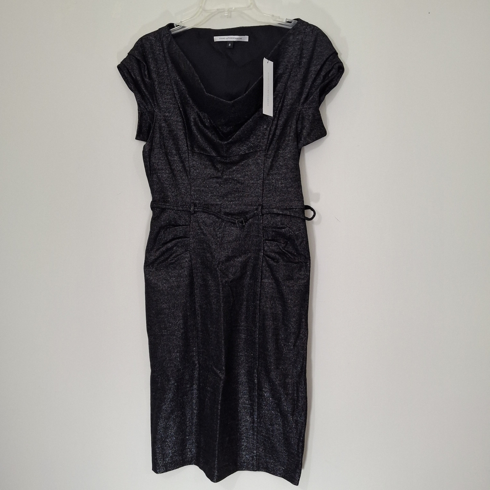 Diane Von Furstenberg Black Shimmer Cowl Midi Dress, Size 8